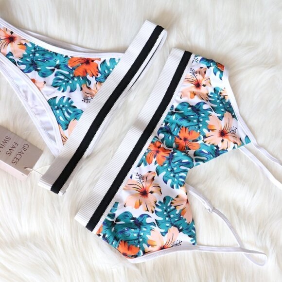 NWT White Green Tropical Print Bikini Swim Set Size Large - Picture 3 of 8